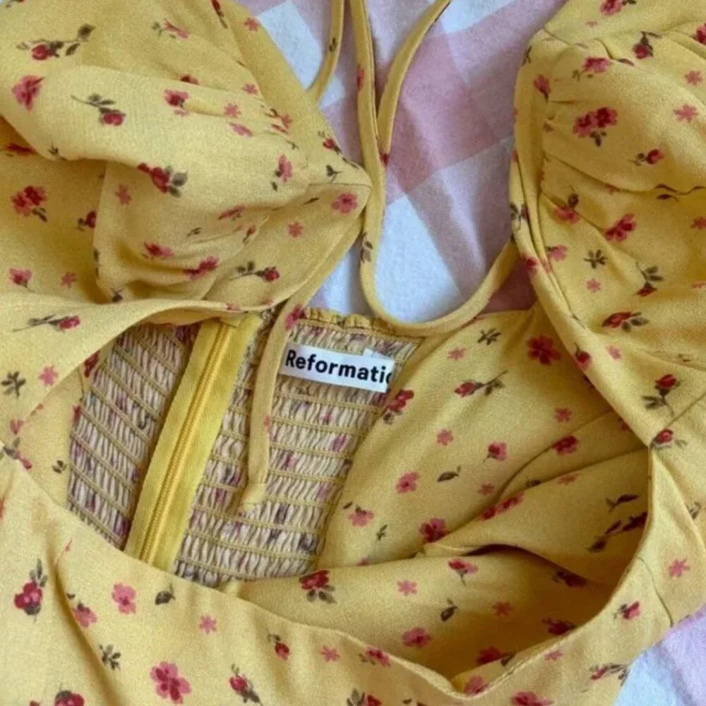 Reformation Mustard Floral Midi Dress - Size US 4 - Picture 6 of 8